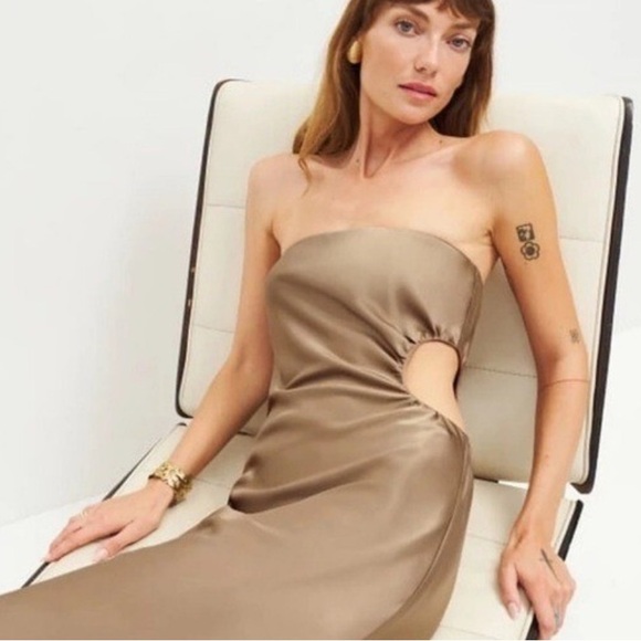 Reformation Square Neck Strapless Satin Gold Maxi Gown/Dress  Sz Medium - Picture 12 of 13